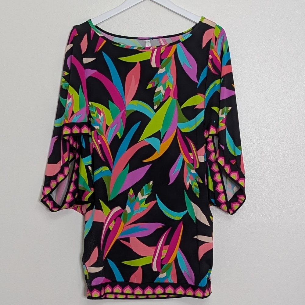 Trina Turk Cover Up Dress Small Black Birds Of Paradise Tunic - Picture 3 of 9